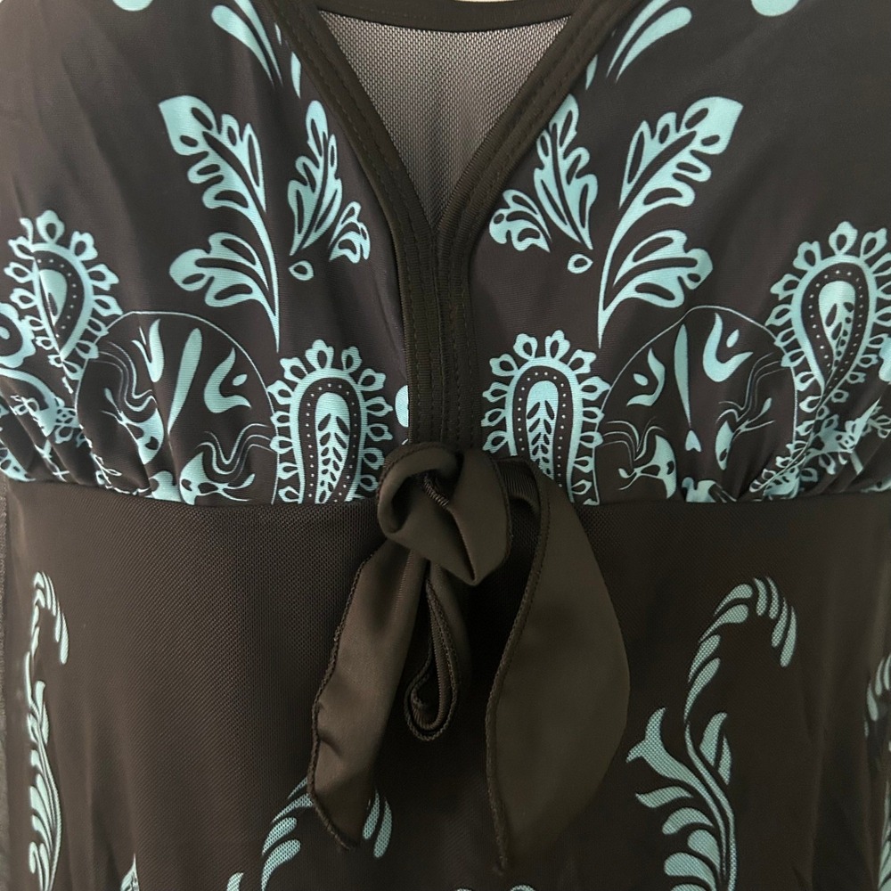 Women's One-Piece Mesh Padded Black Teal Paisley Swim Dress Swimwear 4XL - Picture 3 of 9